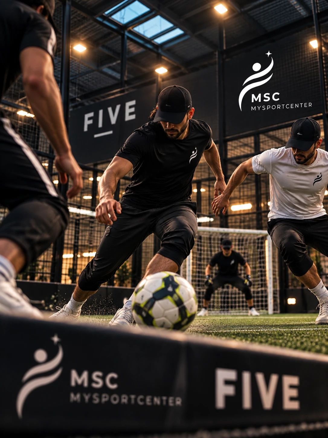 Joueurs disputant un ballon sur le terrain de foot à 5 indoor My Sport Center