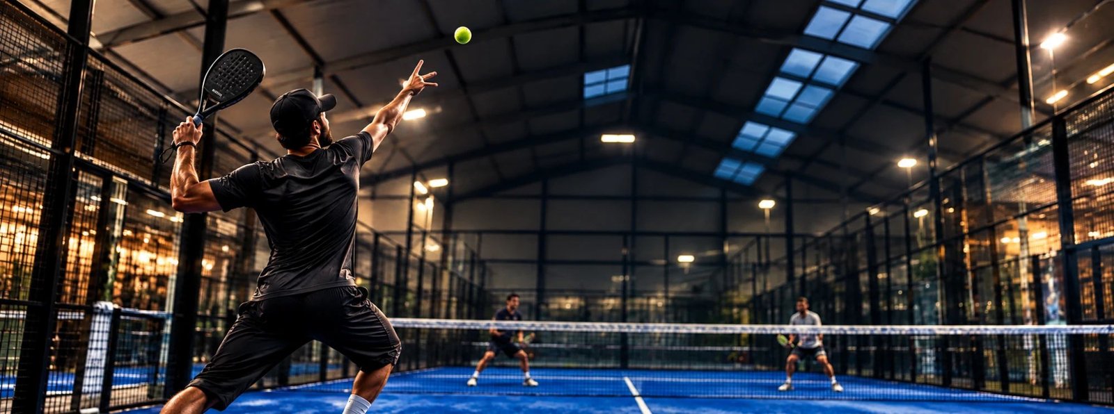 Joueur de padel au service, terrain indoor My Sport Center