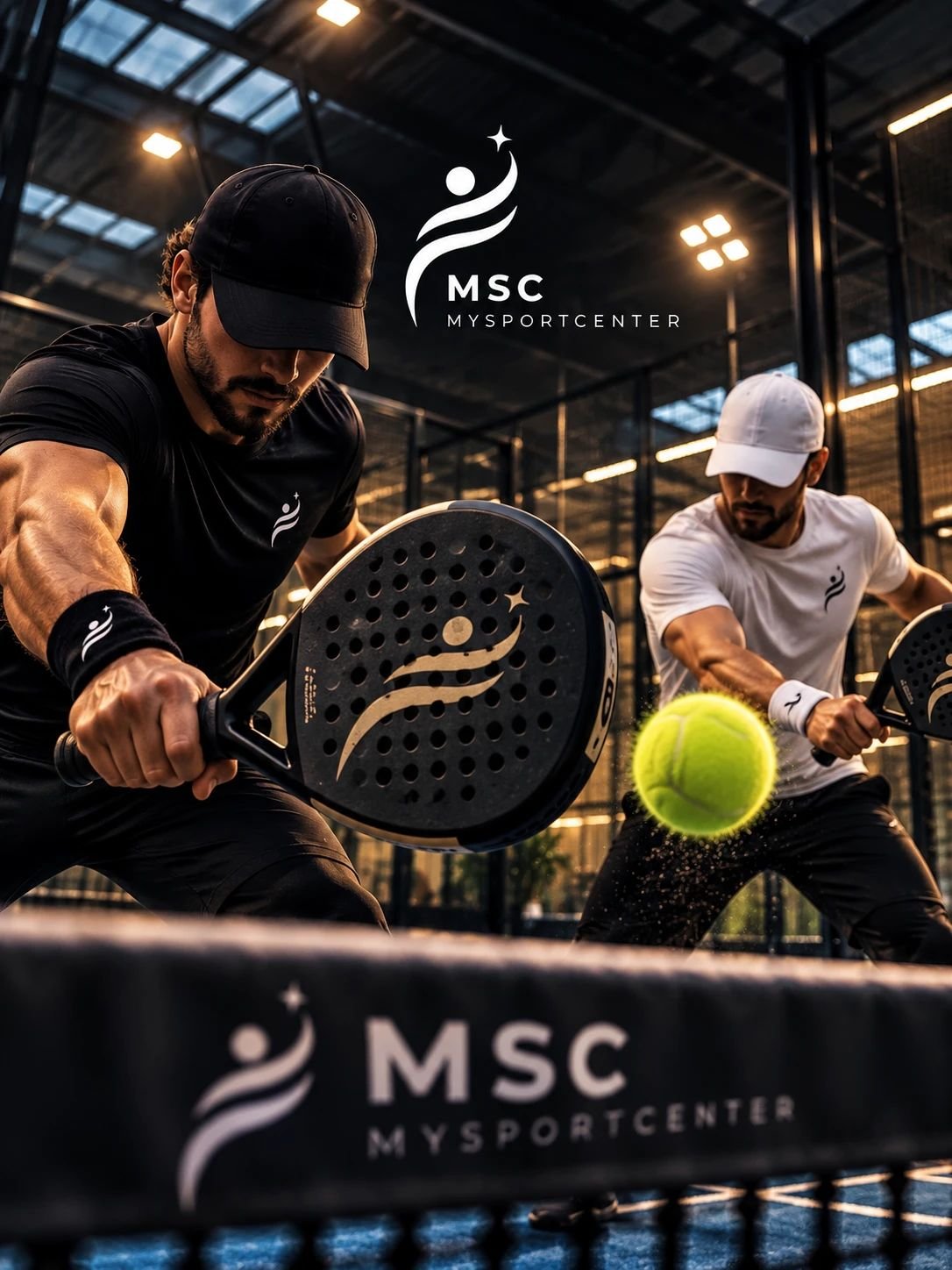 Deux joueurs de padel en plein échange sur un terrain indoor My Sport Center