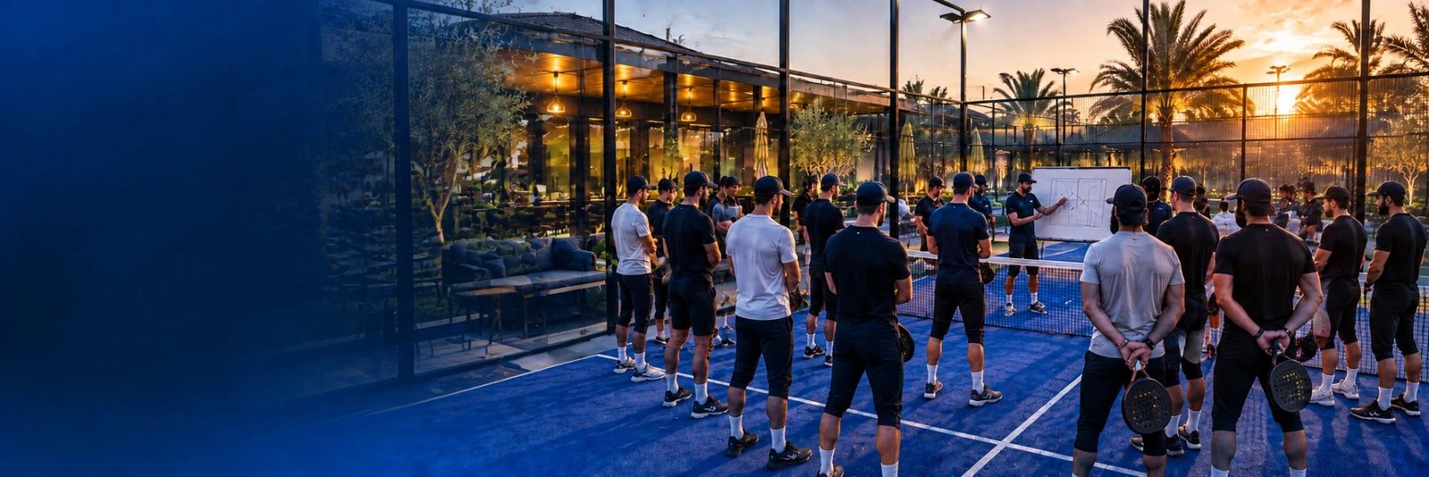 Groupe en séminaire d’entreprise au bord d’un terrain de padel, en soirée